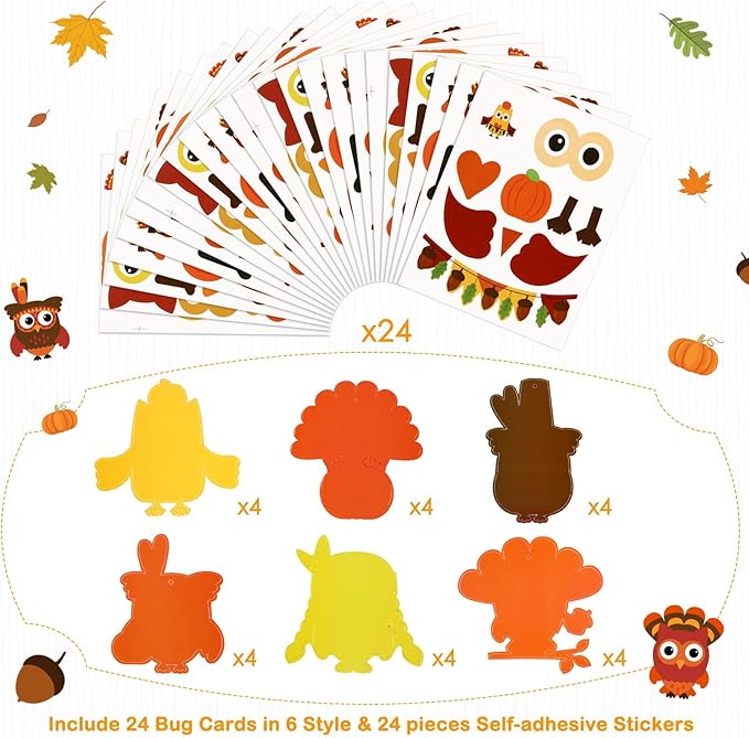 Autumn Thanksgiving Owl Craft Kit for Kids DIY Fall Turkey Day Paper Craft Kits Assorted Owl Shapes Gift with Pumpkins Favors Thanksgiving Day Project Home Classroom Game Activities(24 Sets)