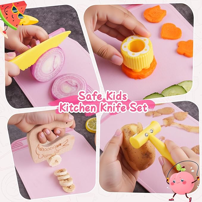 Kids Kitchen Knife Set for Real Cooking with Storage Box Pink, Montessori Kitchen Toy with Cutting Board, Plastic Toddler Knives, Peeler, Wooden Safe Knife for Age 3 4 5 6 7 8