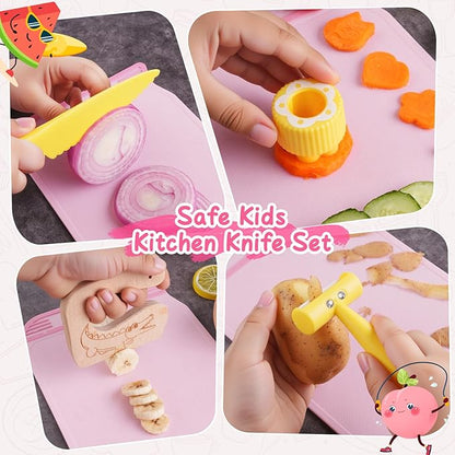 Kids Kitchen Knife Set for Real Cooking with Storage Box Pink, Montessori Kitchen Toy with Cutting Board, Plastic Toddler Knives, Peeler, Wooden Safe Knife for Age 3 4 5 6 7 8