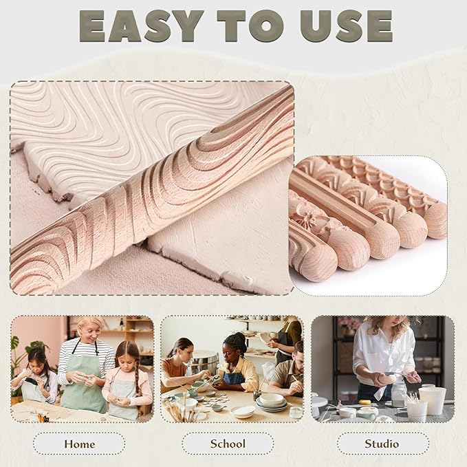 11Pcs Clay Pottery Tools Kit with 5 Clay Texture Rollers, 4 Clay Stamps, 2 Foot Shapers Pottery Ribs Trimming | All-in-One Ceramic Carving Set for Clay Molding & Sculpting & Ceramics