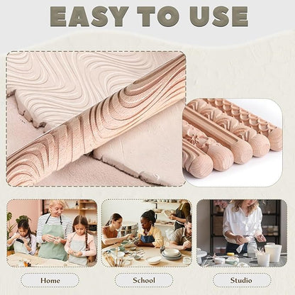 11Pcs Clay Pottery Tools Kit with 5 Clay Texture Rollers, 4 Clay Stamps, 2 Foot Shapers Pottery Ribs Trimming | All-in-One Ceramic Carving Set for Clay Molding & Sculpting & Ceramics
