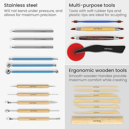 ARTEZA Pottery & Polymer Clay Tools, 22-Piece Sculpting Set, Steel Tip Tools with Wooden Handles, Craft Kit for Modeling, Carving