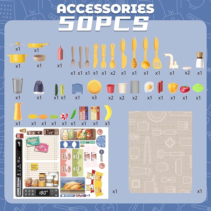 deAO Play Kitchen Set for Kids Boys 50PCS Play Kitchen Accessories with Sounds Light Steam Pretend Play Kitchen Toy Birthady Christams Gifts for Toddler Aged 2-12 Years