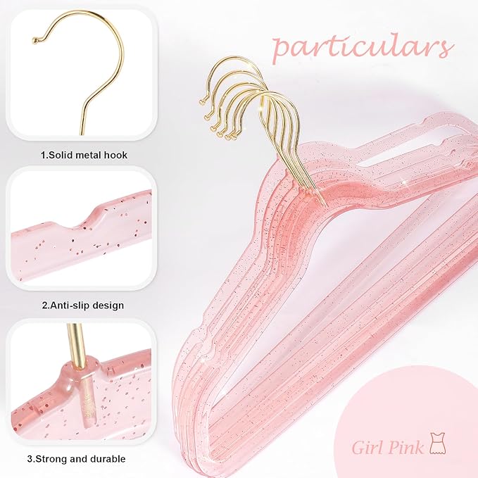 Baby Glitter Hanger 20 Pack,13.97" Kids Toddler Hangers for Closet,Pink Sparkling Plastic Baby Clothes Hangers,Girl Toddler Hangers, Non-Slip Space Saving Kid Hangers for Dress Up