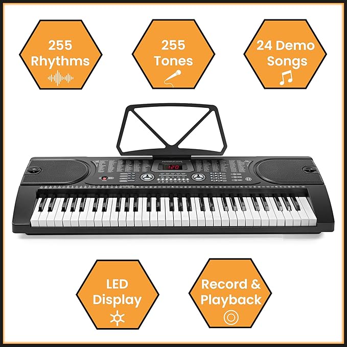 Hamzer 61 Key Digital Keyboard Piano with Stand & Bench, Beginner Electric Piano Keyboard Kit with Speakers, Headphones, Microphone, Keynote Stickers