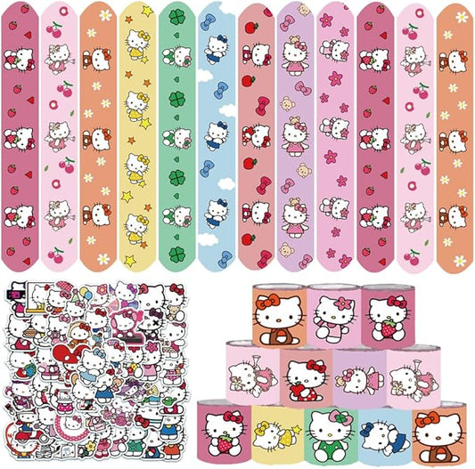 Kitty Party Supplies, Kitty Slap Bracelets, 86PCS Party Favors Contains 36 Slap Bracelets and 50 Stickers, Great Birthday Gift for Boys Girls, Kawaii Goodie Bag Stuffers