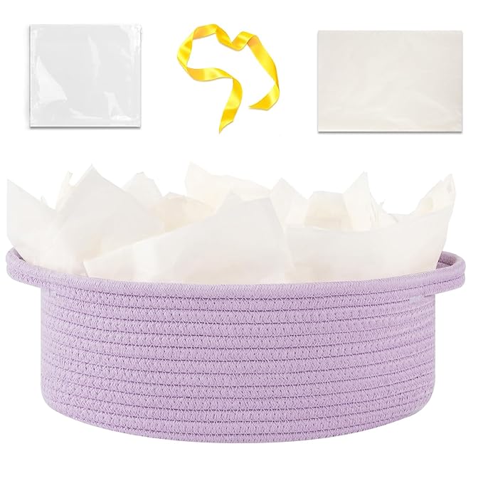 OIAHOMY Gift Basket with Handle, Small Woven Basket with Gift Bag，Ribbon and Wrap Tissue Paper，Nursery Bins Empty to Fill with Small Items, Baby，Pet Toy Organizer - Lilac Purple