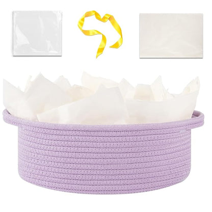 OIAHOMY Gift Basket with Handle, Small Woven Basket with Gift Bag，Ribbon and Wrap Tissue Paper，Nursery Bins Empty to Fill with Small Items, Baby，Pet Toy Organizer - Lilac Purple
