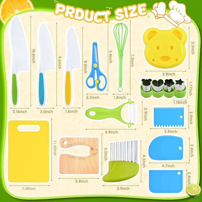 Montessori Kitchen Tools,17Pcs Toddler Knife Set Kids Knife Set for Real Cooking-Kids Kitchen Tools Set Include Toddler Knives Cutting Boards Sandwich Cutters Peeler for Toddler Birthday Gift
