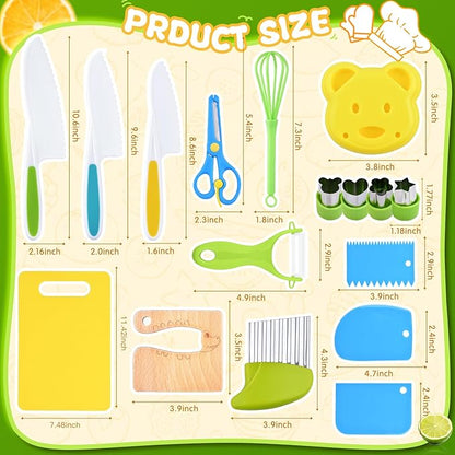 Montessori Kitchen Tools,17Pcs Toddler Knife Set Kids Knife Set for Real Cooking-Kids Kitchen Tools Set Include Toddler Knives Cutting Boards Sandwich Cutters Peeler for Toddler Birthday Gift