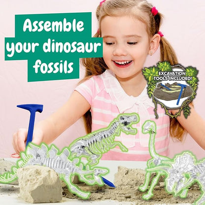 Science4you Dino Excavation Set 4 in 1 - Fossils Excavation Set for Children from 6+, Glows in The Dark, Dinosaur Game and Dino Gift for Boys and Girls from 6 7 8 9+