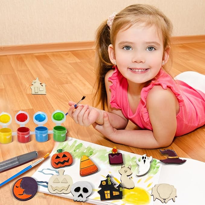 JOYIN 12 Pcs Halloween Craft Kid Wooden Magnet Creativity Arts & Crafts Painting Kit, DIY Halloween Painting Craft for Kids Halloween Party Supplies, Toddler Craft Party Favor Family School Activities