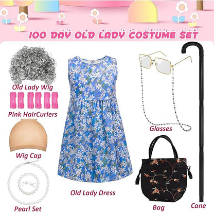 11Pcs 100 Days of School Old Lady Costume for Kids, elderly outfit for Girls, Wig Cane Cosplay Accessories Blue, S
