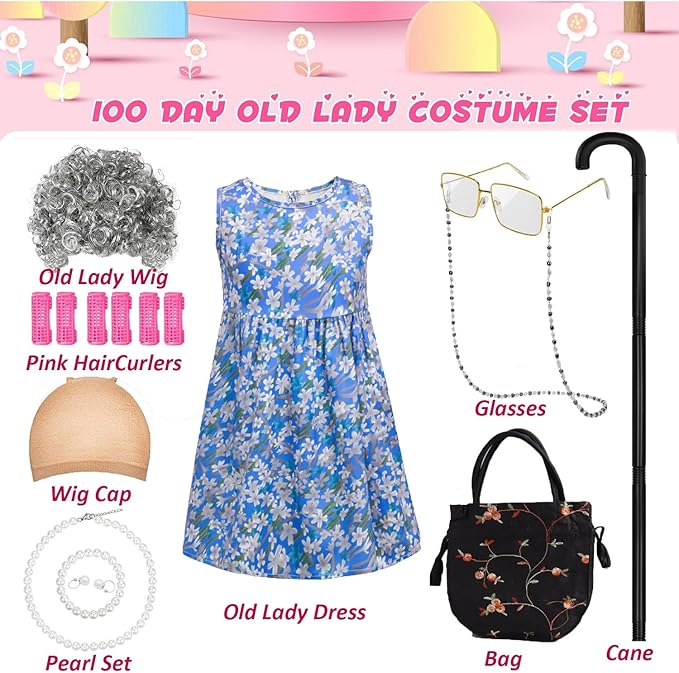 11Pcs 100 Days of School Old Lady Costume for Kids, elderly outfit for Girls, Wig Cane Cosplay Accessories Blue, S