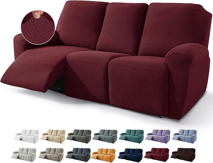 JIVINER 8-Piece Recliner Sofa Covers Stretch Jacquard Couch Covers for Recliner Slipcovers for Living Room 3 Cushion Soft Recliner Protector with Pocket (Sofa Recliner, Wine Red)