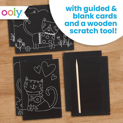 Ooly Mini Scratch & Scribble Art Kit - 6 Card Rainbow Scratch Art Set Gifts for Kids, Travel-Friendly Craft Kit, Wooden Tool Included - Cutie Cats