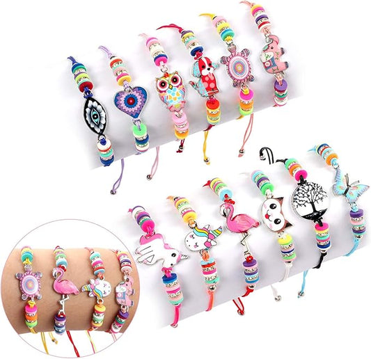 Lorfancy 12 Pcs Kids Girls Bracelets Jewelry Animal Pendant Unicorn Owl Cute Bracelet Multicolor Rhinestone Woven Friendship Bracelets for Party Favors Pretend Play Bracelets Kids