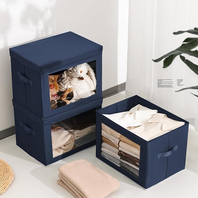 Homsorout Stackable Storage Bins with Lids - Large Decorative Basket with Lids, Fabric Foldable Closet Organizer Bins, Shelf Organizer for Living Room, Dorm, 5 Pack, Navy Blue