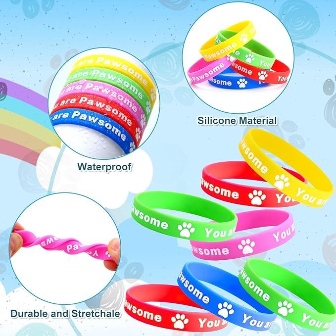 100 Pieces Paw Print Silicone Bracelets You Are Pawsome Paw Print Silicone Wristband Paw Birthday Favor Puppy Party Favors Supplies Decorations Goodie Bag Favor Stuffers Multicolor