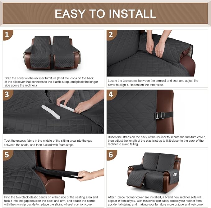 KinCam Waterproof Oversized Loveseat Recliner Cover, Non-Slip Reclining Couch Covers for 2 Seat, Recliner Sofa Cover Furniture Protector with Elastic Straps for Kids, Pets, Charcoal Gray