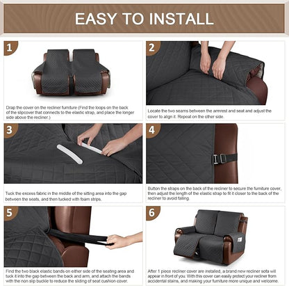 KinCam Waterproof Loveseat Recliner Cover, Non-Slip Reclining Couch Covers for 2 Seat, Recliner Sofa Cover Furniture Protector with Elastic Straps for Kids, Pets, Charcoal Gray