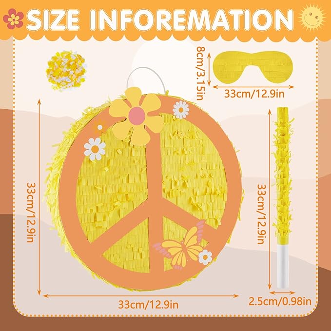 12.9 Inch Groovy Retro Hippie Boho Pinata Hippie Boho Party Favors Peace Sign Two Groovy Pinata 60's 70's Hippie Party Pinata for Hippie Boho Groovy Flower Birthday Baby Shower Wedding