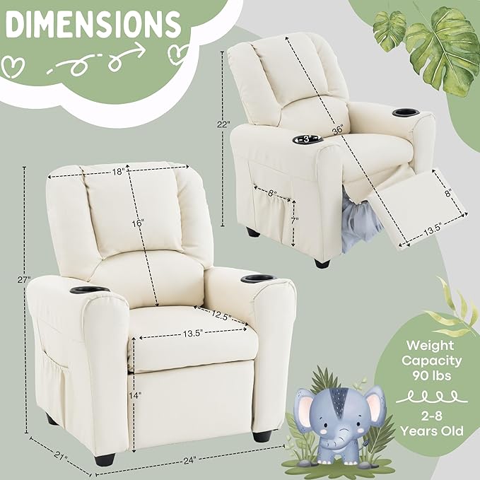 Candy Kids Reclining Chair Leather Recliner Sofa Toddler Youth Children Child Ages 1-6
