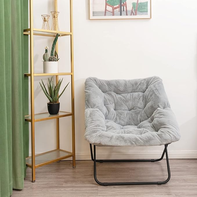 Tiita Comfy Saucer Chair, Soft Faux Fur Oversized Folding Accent Chair, Lounge Lazy Chair for Kids Teens Adults, Metal Frame Moon Chair for Bedroom, Living Room, Dorm Rooms, X-Large, Grey