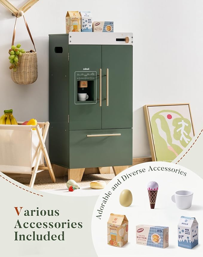 ROBUD Kids Play Kitchen - Vintage Green Refrigerator for Kids Kitchen Playset with Accessories - Pretend Toddlers' Kitchen Toy Fridge - Perfect Baby Gift for Ages 3-8