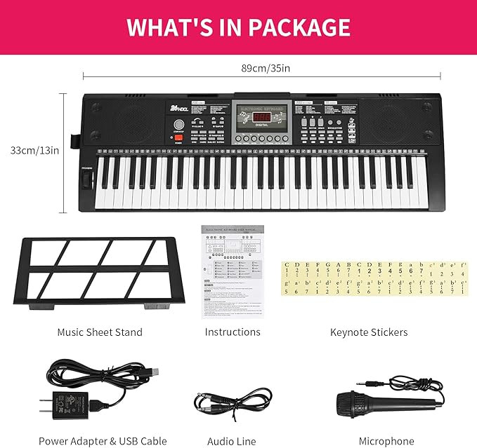 Kids Keyboard 61 Keys, Beginner Electronic Piano with One-Key Teaching 100 Tones & Rhythms, Portable Music Keyboard for Children with Microphone, Music Stand [Black, Piano with Stand]