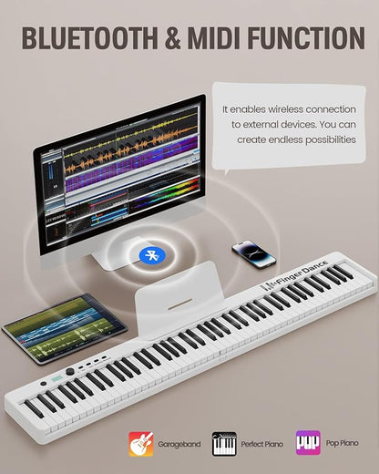 Finger Dance Folding Piano Keyboard 88 Keys, Portable Electric Keyboard with Bluetooth MIDI, Full Size Digital Piano, Wood Grain, Semi-Weighted, Touch Sensitive, with Storage Bag for Beginner