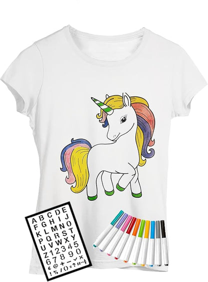 Coloring Shirt Kit for Girls with 10 Fabric Markers and Alphabet Stencil - DIY Arts and Crafts, Unicorn, Mermaid and Birthday Girl