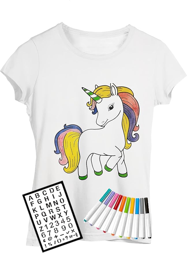 Coloring Shirt Kit for Girls with 10 Fabric Markers and Alphabet Stencil - DIY Arts and Crafts, Unicorn, Mermaid and Birthday Girl