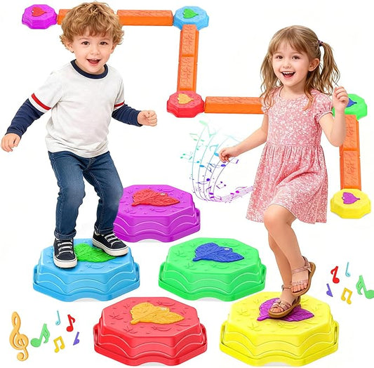 Stepping Stones for Kids, Light Up Musical Balance Beam and Non-Slip Toddler Balance Stones, Toddler Indoor or Outdoor Play Obstacle Course, Sensory Toys Play for Family Active Kids Ages 3+
