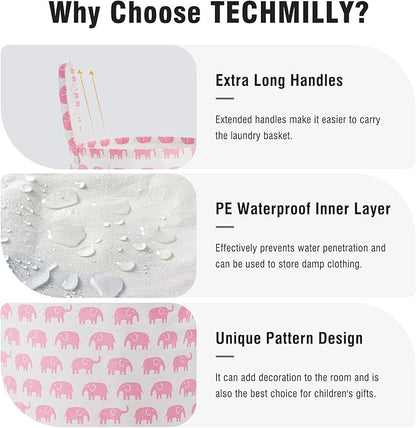 TECHMILLY Large Storage Basket for Girls and Boys, Collapsible Laundry Hamper with Long Handles, Toy Bins for Nursery, Kids Room Décor (Pink Elephant, 2 Pack)