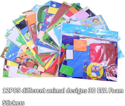 3D EVA Foam Stickers for Toddlers 12PCS Sticky Foam DIY Craft Preschool Art Class Drawing Sticker Puzzle Art Kit for Kids Boys Girls (Cartoon Animals B)