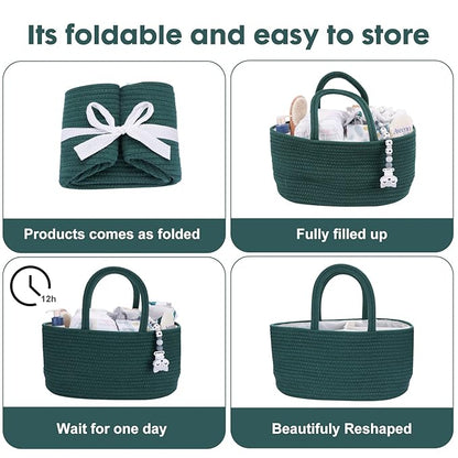 Baby Diaper Caddy Organizer for Girl Boy Rope Nursery Storage Bin Basket Portable Holder Tote Bag for Changing Table Car Travel Baby Shower Gifts Newborn Essentials Registry Must Have Items Dark Green
