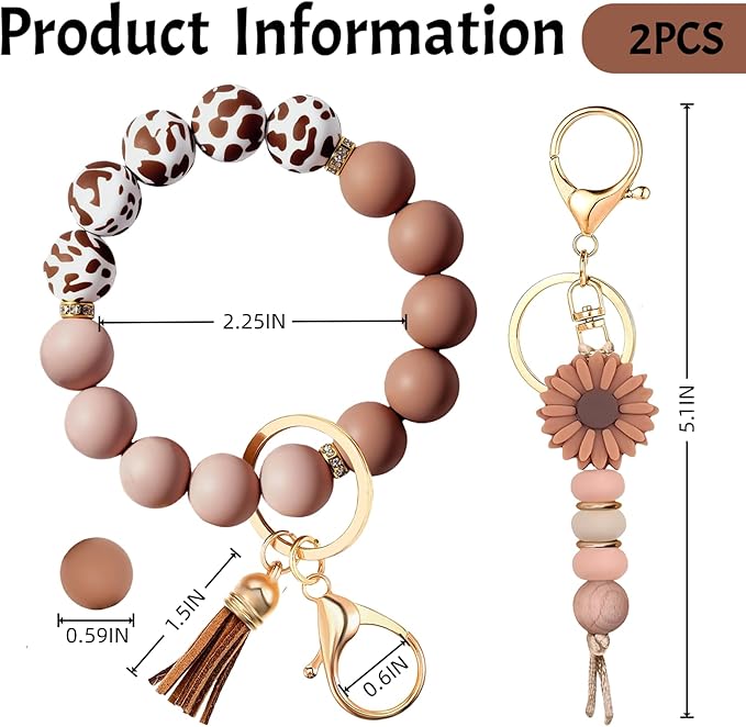 2PCS Bracelet Key Ring Set, Cute Car Key chain Wristlet, Silicone Beaded Bangle keyChains for Women Girls