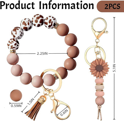 2PCS Bracelet Key Ring Set, Cute Car Key chain Wristlet, Silicone Beaded Bangle keyChains for Women Girls