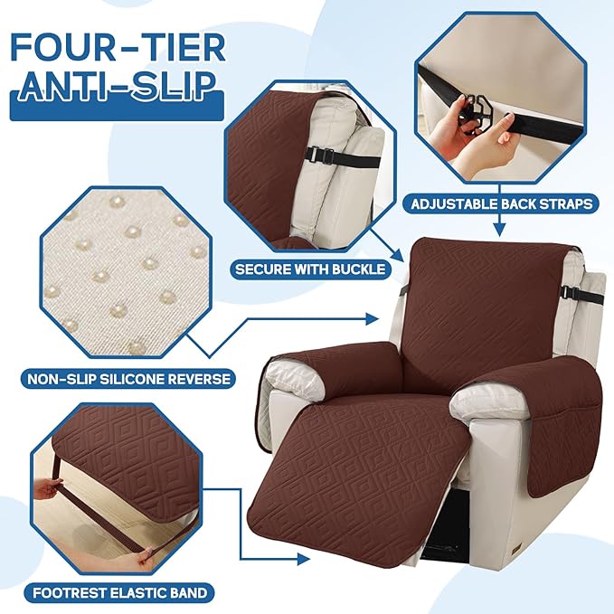 XINEAGE 100% Waterproof Recliner Cover, Non Slip Recliner Chair Cover with Elastic Band, Washable Recliner Slipcover with Storage Pockets for Kids, Pets (Coffee, 28")