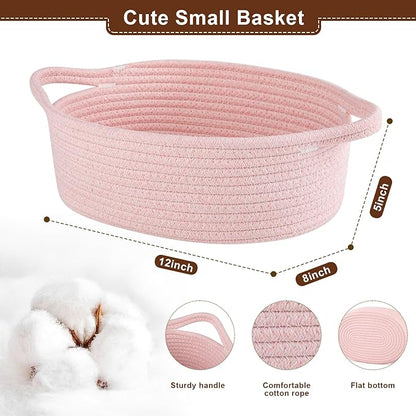 OIAHOMY Gift Basket with Handle, Small Woven Basket with Gift Bag, Ribbon and Wrap Tissue Paper, Nursery Bins Empty to Fill with Small Items, Baby, Pet Toy Organizer - Pink