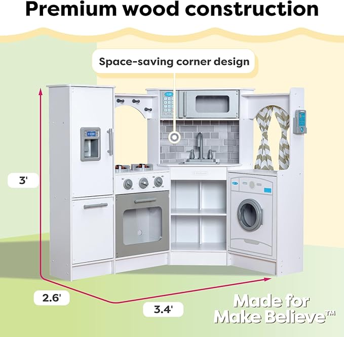 KidKraft Ultimate Corner Wooden Play Kitchen with Lights & Sounds, Play Phone and Curtains, White