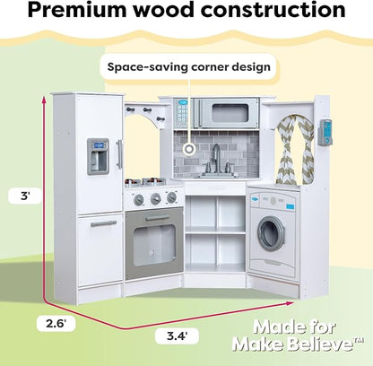KidKraft Ultimate Corner Wooden Play Kitchen with Lights & Sounds, Play Phone and Curtains, White