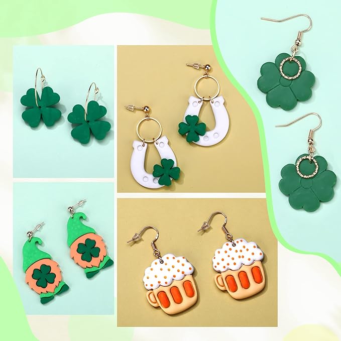 Puocaon St. Patrick's Hat Clay Cutters - Polymer Clay Cutters for Earrings Making, Lucky Horseshoe & Clover Set