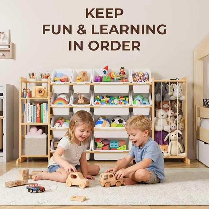 Storage Organizer with Bookshelf and Stuffed Animal Storage - Playroom Organization with Shelves and 12 Bins - Living Room Box for Lego - Bedroom Decor Essentials