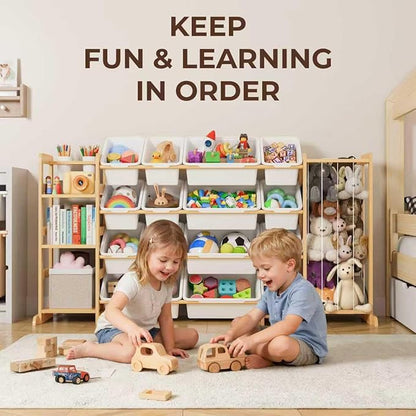 Storage Organizer with Bookshelf and Stuffed Animal Storage - Playroom Organization with Shelves and 12 Bins - Living Room Box for Lego - Bedroom Decor Essentials