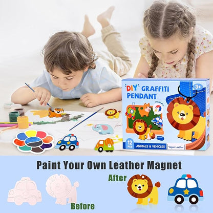 Magnetic Mini Tile Art-DIY Craft Kits for Kids,Fridge magnet painting kit for kids Ages 4-8,Soft Leather Fridge Magnets Craft Paint Set Animals & Vehicles,Party Favors for Kids 8-12