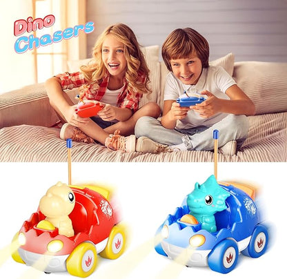 2 Pack Dinosaur Remote Control Cars Toys for Kids 2 3 4 5 Years Old, Easter Present Birthday Gifts for Boys and Girls Ages 2-5, Dino Race Car Toddlers Toys with Music and Light(Red Blue)