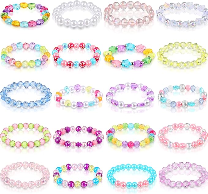 Hicarer 20 Pieces Girl Beaded Bracelets Cute Rainbow Bead Bracelets Colorful Bracelets Princess Bracelets Stretchy Bead Bracelets for Prince Birthday Present (Vivid Style)