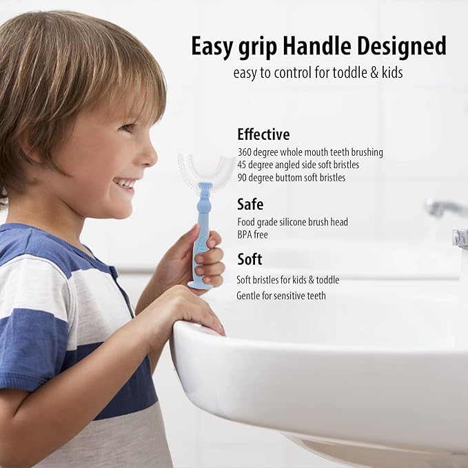 Kids U Shaped Toothbrush with Travel Case,Childrens Tooth Brush for Whole Mouth. Blue, Ages 2-6 Year